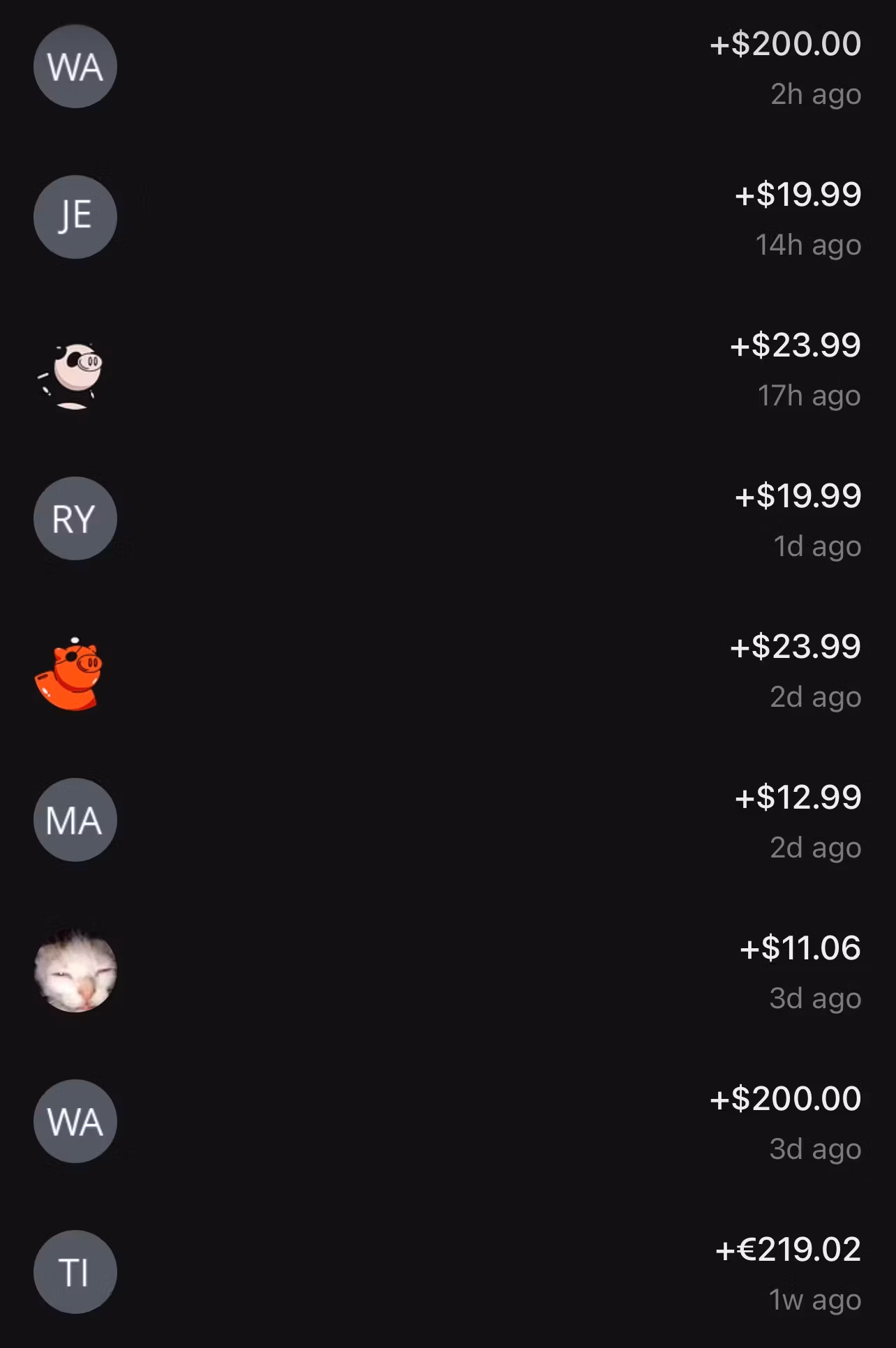 Payments feed showing multiple sales notifications